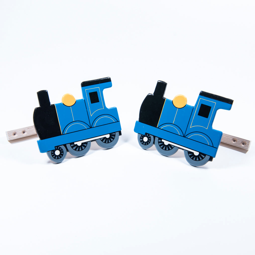 children's wooden blue train curtain tie backs