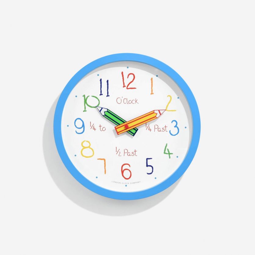 childrens blue pencils wall clock