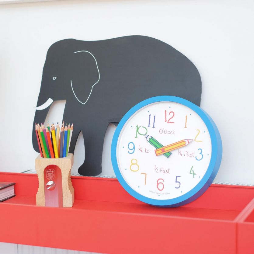 childrens blue pencils wall clock