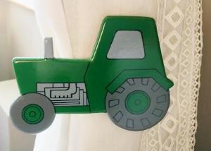 childrens wooden green tractor curtain tie backs