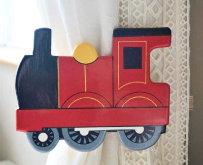 childrens wooden red train curtain tie backs